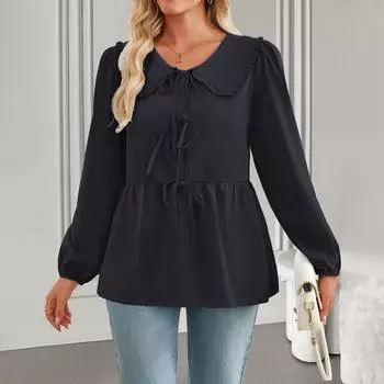 Женская модная рубашка с длинным рукавом и V-образным вырезом, с галстуком-бабочкой, футболка, топы L чёрный