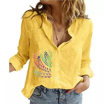 Женская модная рубашка с длинным рукавом и лацканами из хлопка и льна на пуговицах, повседневные блузки с принтом S белый