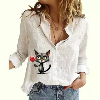 Женская модная рубашка с длинным рукавом на пуговицах, женская повседневная тонкая хлопковая льняная блузка с длинным рукавом и принтом кошки S белый