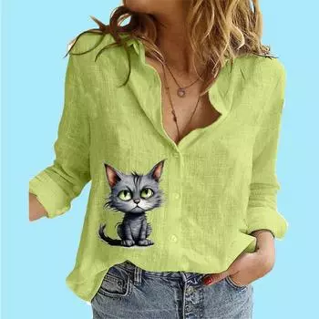 Женская модная рубашка с длинным рукавом на пуговицах, женская повседневная тонкая хлопковая льняная рубашка с принтом, стоячий воротник, длинные рукава, блузки S белый