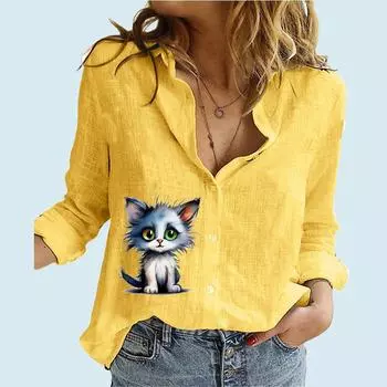 Женская модная рубашка с длинным рукавом на пуговицах, женская повседневная тонкая хлопковая льняная блузка с воротником-стойкой и принтом кота, с длинным рукавом S белый