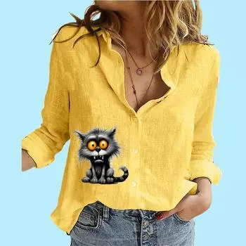 Женская модная рубашка с длинным рукавом на пуговицах, женская повседневная тонкая хлопковая льняная рубашка с воротником-стойкой и принтом кота, блузки с длинными рукавами S белый
