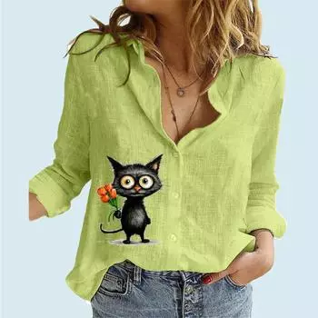 Женская модная рубашка с длинным рукавом на пуговицах, женская повседневная тонкая хлопковая льняная блузка с воротником-стойкой и принтом кота, с длинным рукавом S белый