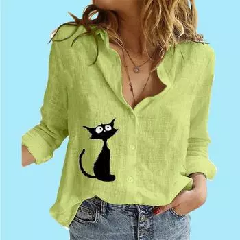 Женская модная рубашка с длинным рукавом на пуговицах, женская повседневная тонкая хлопковая льняная рубашка с принтом, воротник-стойка, длинный рукав, блузка S белый