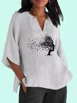 Женская модная рубашка с длинным рукавом с принтом 3/4, повседневный топ с v-образным вырезом, женская свободная хлопковая льняная блузка 2XL синий