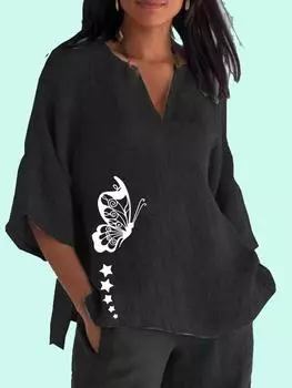 Женская модная рубашка с длинным рукавом с принтом 3/4, повседневный топ с v-образным вырезом, женская свободная хлопковая льняная блузка 2XL синий