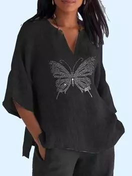 Женская модная рубашка с длинным рукавом с принтом 3/4 и V-образным воротником, хлопковый льняной топ, женские повседневные свободные блузки 2XL синий