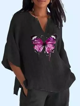 Женская модная рубашка с длинным рукавом с принтом 3/4 и V-образным воротником, хлопковый льняной топ, женские повседневные свободные блузки 2XL синий