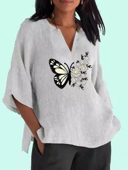 Женская модная рубашка с длинным рукавом с принтом 3/4, повседневный топ с v-образным вырезом, женская свободная хлопковая льняная блузка 2XL синий