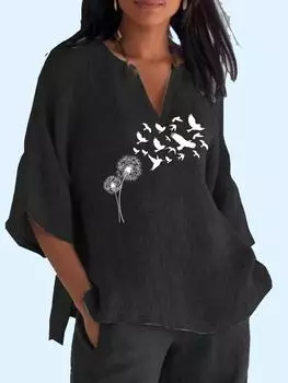 Женская модная рубашка с длинным рукавом с принтом 3/4 и V-образным воротником, хлопковый льняной топ, женские повседневные свободные блузки 2XL синий