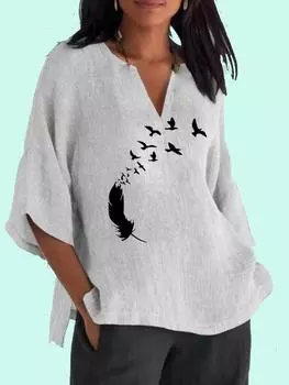 Женская модная рубашка с длинным рукавом с принтом 3/4, повседневный топ с v-образным вырезом, женская свободная хлопковая льняная блузка 2XL синий