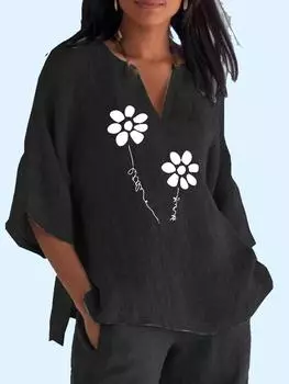 Женская модная рубашка с длинным рукавом с принтом 3/4 и V-образным воротником, хлопковый льняной топ, женские повседневные свободные блузки 2XL синий