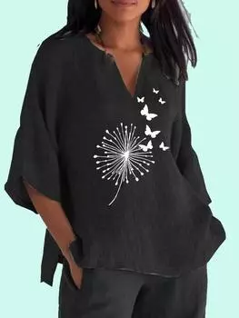 Женская модная рубашка с длинным рукавом с принтом 3/4, повседневный топ с v-образным вырезом, женская свободная хлопковая льняная блузка 2XL синий