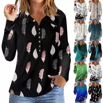 Женская модная рубашка с длинным рукавом в стиле ретро с отворотом и пуговицами, пуловер, футболка L синий