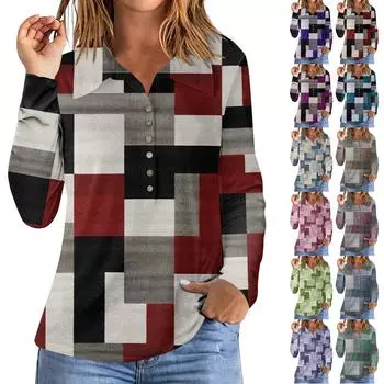 Женская модная рубашка с длинным рукавом в стиле ретро с отворотом и пуговицами, пуловер, футболка L