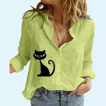 Женская модная рубашка с длинным рукавом, весна-осень, хлопковый льняной топ, женская летняя повседневная блузка с принтом кота S белый