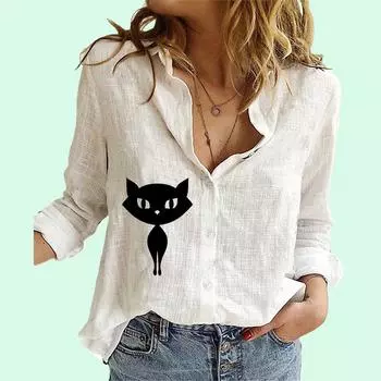 Женская модная рубашка с длинным рукавом, весна-лето, тонкий хлопковый льняной топ, женская повседневная блузка с принтом S белый