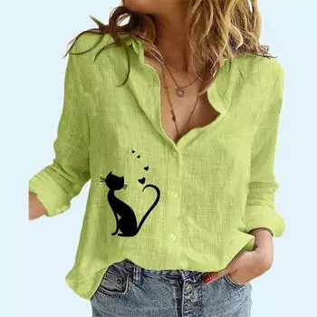 Женская модная рубашка с длинным рукавом, весна-осень, хлопковый льняной топ, женская летняя повседневная блузка с принтом кота S белый