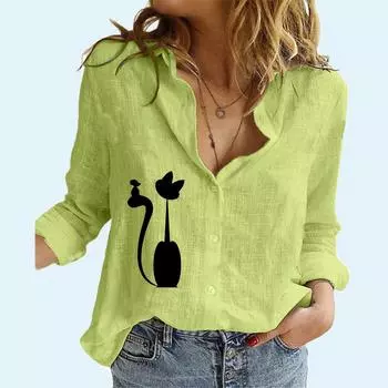 Женская модная рубашка с длинным рукавом, весна-осень, хлопковый льняной топ, женская летняя повседневная блузка с принтом кота S белый