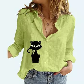 Женская модная рубашка с длинным рукавом, весна-лето, повседневный топ из хлопка и льна, тонкая блузка с принтом кота S белый