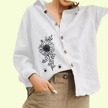 Женская модная рубашка с длинными рукавами, блузка с цветочным принтом и пуговицами, повседневный топ из хлопка и льна S белый