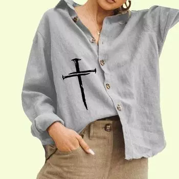 Женская модная рубашка с длинными рукавами, блузка с принтом крест-накрест, повседневная хлопковая льняная блузка S белый