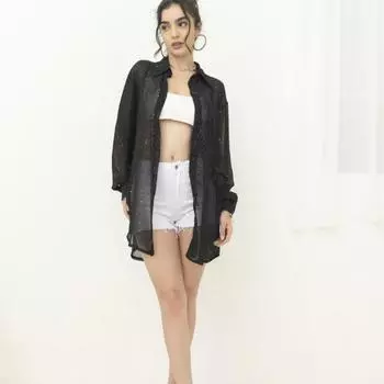 Женская модная рубашка с длинными рукавами и тонкими лацканами, расшитая пайетками, и повседневная рубашка S чёрный