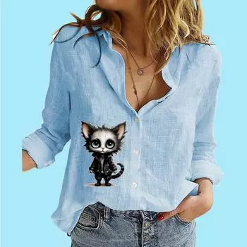 Женская модная рубашка с длинными рукавами на пуговицах, женская повседневная тонкая хлопковая льняная рубашка с воротником-стойкой и принтом кота, блузки с длинными рукавами S белый