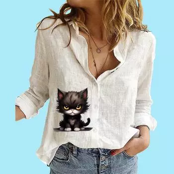 Женская модная рубашка с длинными рукавами на пуговицах, женская повседневная тонкая хлопковая льняная блузка с воротником-стойкой и принтом кота S белый