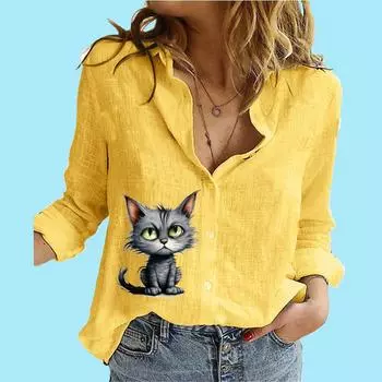 Женская модная рубашка с длинными рукавами на пуговицах, женская повседневная тонкая хлопковая льняная блузка с воротником-стойкой и принтом кота S белый