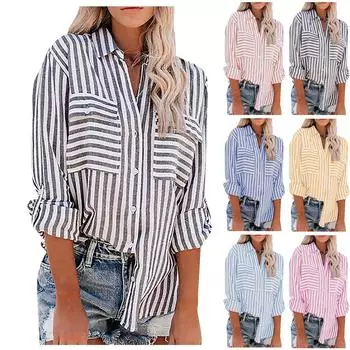 Женская модная рубашка с карманом и длинным рукавом с V-образным вырезом и принтом L синий