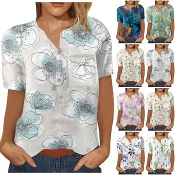 Женская модная рубашка с коротким рукавом с принтом на пуговицах на груди и кармане XL синий