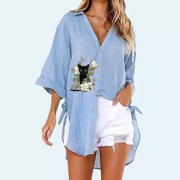 Женская модная рубашка с кошачьим принтом, летняя и осенняя повседневная футболка с коротким рукавом, женские повседневные свободные длинные блузки с v-образным воротником на пуговицах S белый