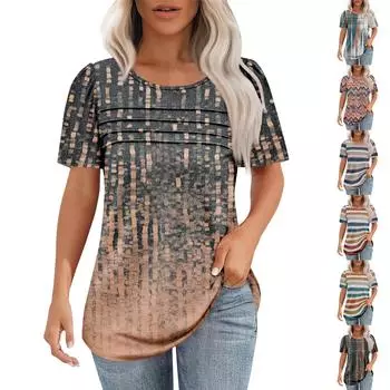 Женская модная рубашка с круглым вырезом и короткими рукавами в складку L чёрный