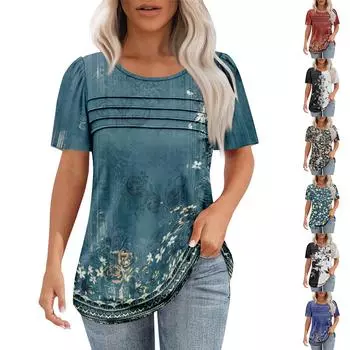 Женская модная рубашка с круглым вырезом и короткими рукавами в складку L чёрный