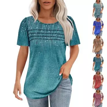 Женская модная рубашка с круглым вырезом и короткими рукавами в складку L синий