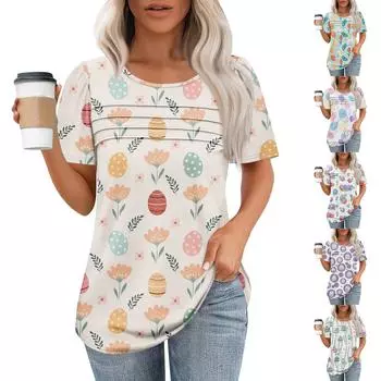 Женская модная рубашка с круглым вырезом и короткими рукавами в складку L бежевый