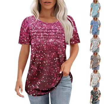 Женская модная рубашка с круглым вырезом и короткими рукавами в складку M коричневый