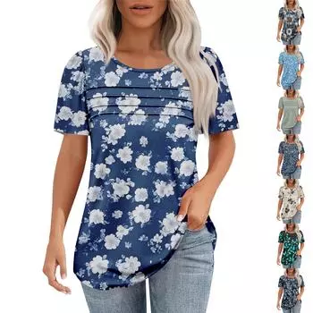 Женская модная рубашка с круглым вырезом и короткими рукавами в складку M чёрный