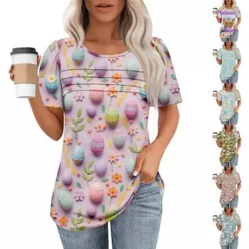 Женская модная рубашка с круглым вырезом и короткими рукавами в складку S