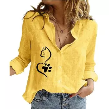 Женская модная рубашка с лацканами на пуговицах, весна-лето, тонкий хлопковый льняной топ, повседневные блузки с принтом кота S белый