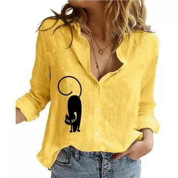 Женская модная рубашка с лацканами на пуговицах, весна-лето, тонкий хлопковый льняной топ, повседневные блузки с принтом кота S белый