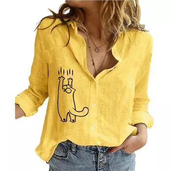Женская модная рубашка с лацканами на пуговицах, весна-лето, тонкий хлопковый льняной топ, повседневные блузки с принтом кота S белый