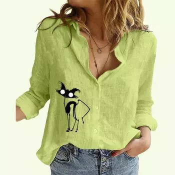 Женская модная рубашка с лацканами на пуговицах, весна-лето, тонкий хлопковый льняной топ, повседневные блузки с принтом кота S белый