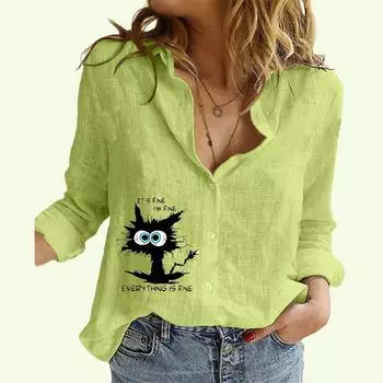 Женская модная рубашка с лацканами на пуговицах, весна-лето, тонкий хлопковый льняной топ, повседневная блузка с принтом кота S белый