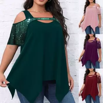 Женская модная рубашка с открытыми плечами с короткими рукавами, свободная блузка с блестками, повседневные топы с нерегулярным подолом, футболка M темно-зеленого