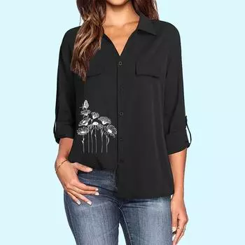 Женская модная рубашка с отложным воротником, цветочным принтом, длинными рукавами и карманом, повседневная тонкая блузка на весну и лето S белый