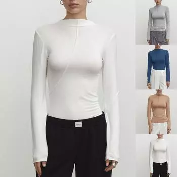 Женская модная рубашка с полувысоким воротом, скошенным краем, приталенная футболка с длинными рукавами L синий