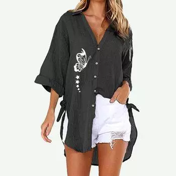 Женская модная рубашка с принтом бабочки, летняя и осенняя повседневная футболка с коротким рукавом, женские свободные длинные блузки с V-образным вырезом на пуговицах S белый