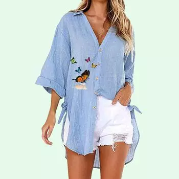 Женская модная рубашка с принтом бабочки, летняя и осенняя повседневная футболка с коротким рукавом, женские свободные длинные блузки с V-образным вырезом на пуговицах S белый